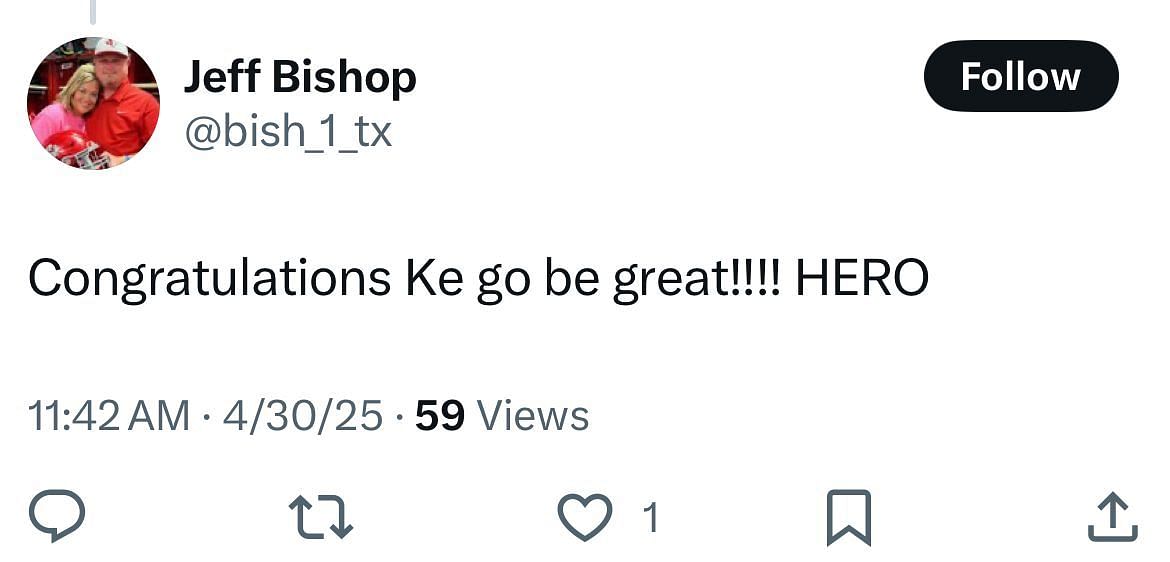 A reply to Bristow's commitment congratulates him (X/@KeitennB)